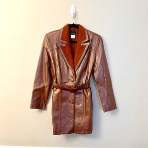 Suzelle Leather & Bouclé Coat Belted Brown Orange Size Small
